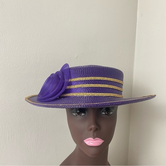 Derby Style Purple Sparkly Metallic Gold Trim Women Church Hat with Bow main image 6